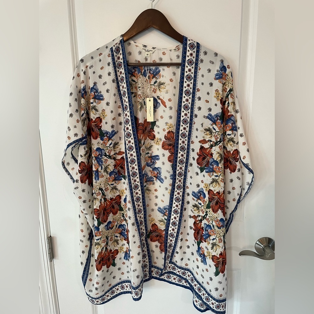 Max Studio London Women's Kimono XS or L, Floral Print Orange Navy Cream.NWT